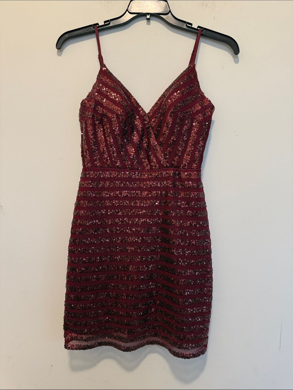 Burgundy Sequin Striped V-Neck Mini Dress